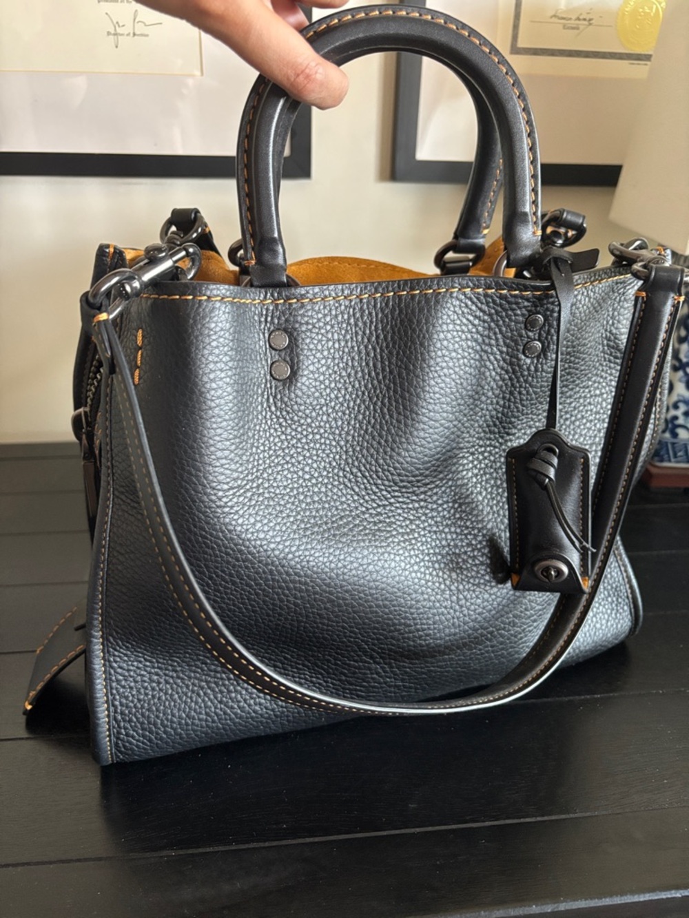 Coach Black Pebbled Leather Satchel with Tan Interior